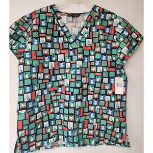 Cassandra O Women's  Scrub Top Christmas Black/Green V-Neck  Large